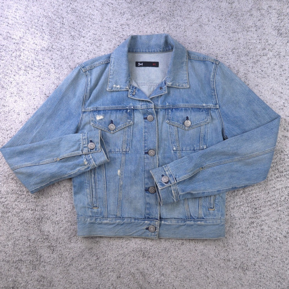 3x1 Denim Jacket Women Medium Jean Trucker Blue Button Up‎ Distressed Blue